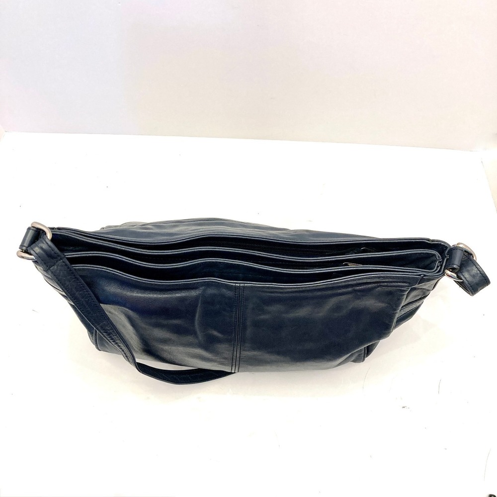 Vtg SAS Shoulder Bag Navy Blue Leather Purse Hand Sewn Made USA Pockets - Picture 4 of 13
